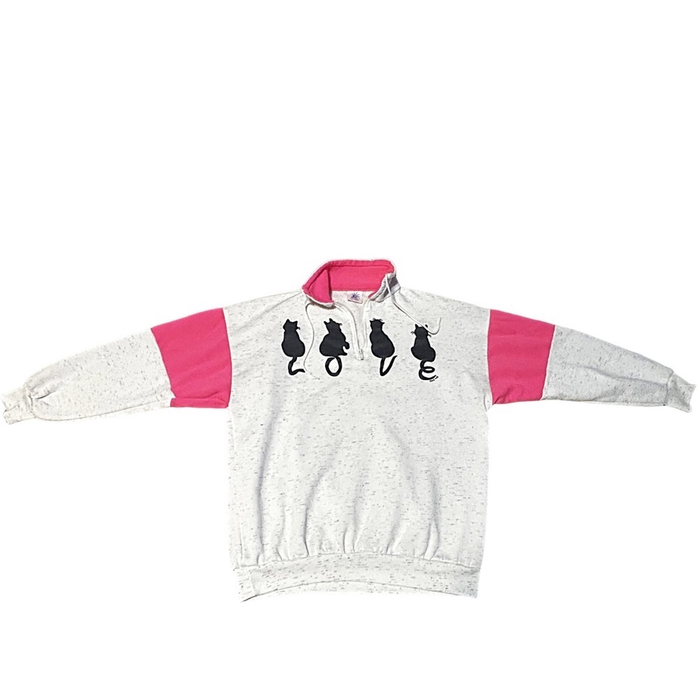 Vintage Magic USA Cat LOVE Quarter Zip Sweatshirt Pink Colorblock Women’s L - Picture 5 of 16